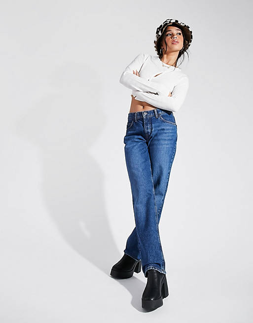 Women organic cotton blend low rise straight leg jean in 70's blue 