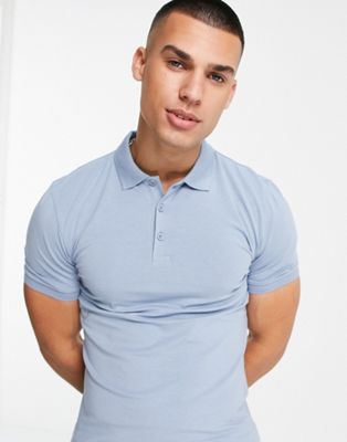 ASOS DESIGN cotton blend muscle fit jersey polo in blue - MBLUE