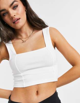 Asos Design Organic Cotton Crop Cami With Square Neck And Seam Detail In Washed Sage-green In White