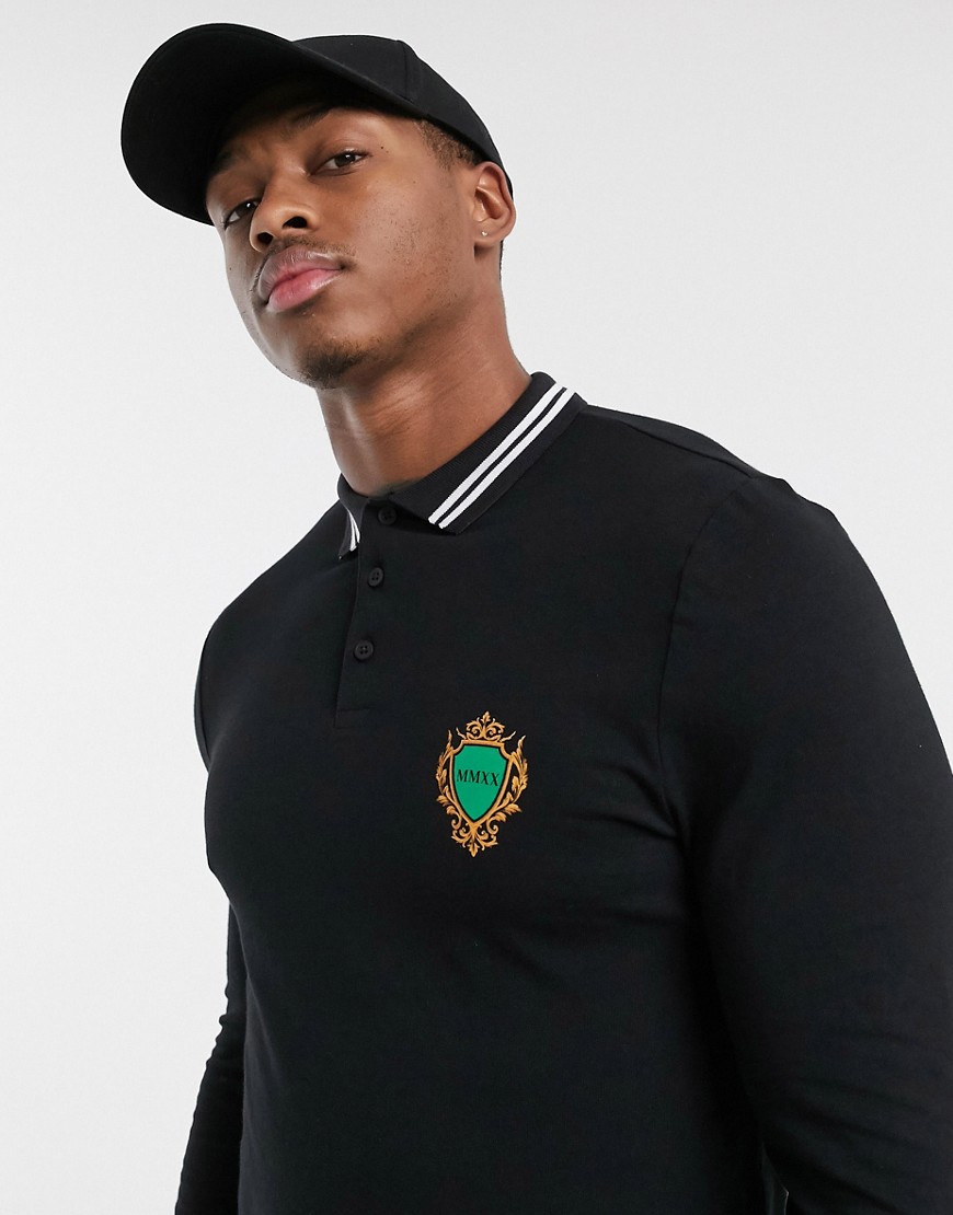 ASOS DESIGN organic cotton long sleeve skinny polo with chest emblem and tipping-Black