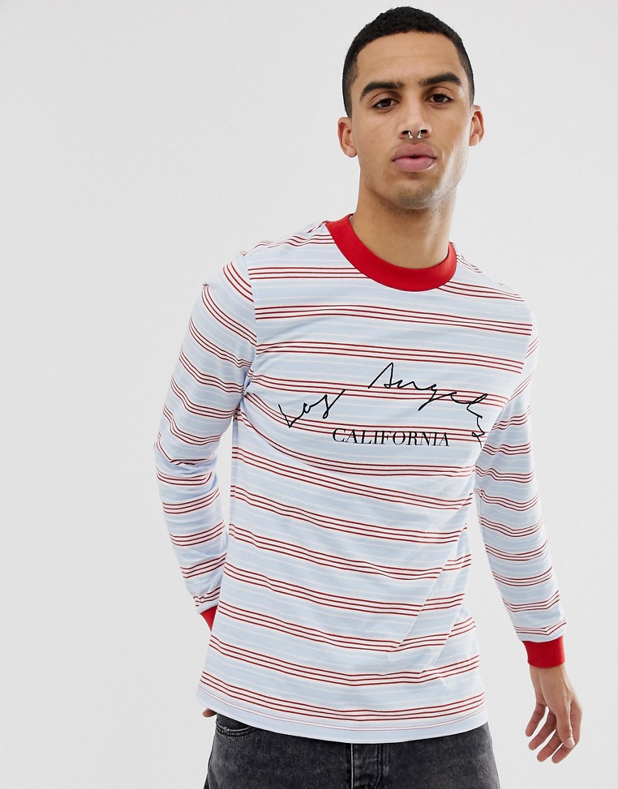 ASOS DESIGN organic cotton long sleeve striped t-shirt with Los Angeles slogan print-Multi