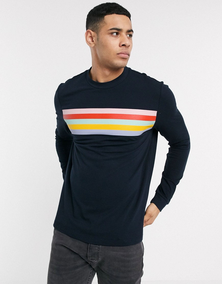 ASOS DESIGN organic cotton long sleeve t-shirt with color block body stripes in pique-Navy