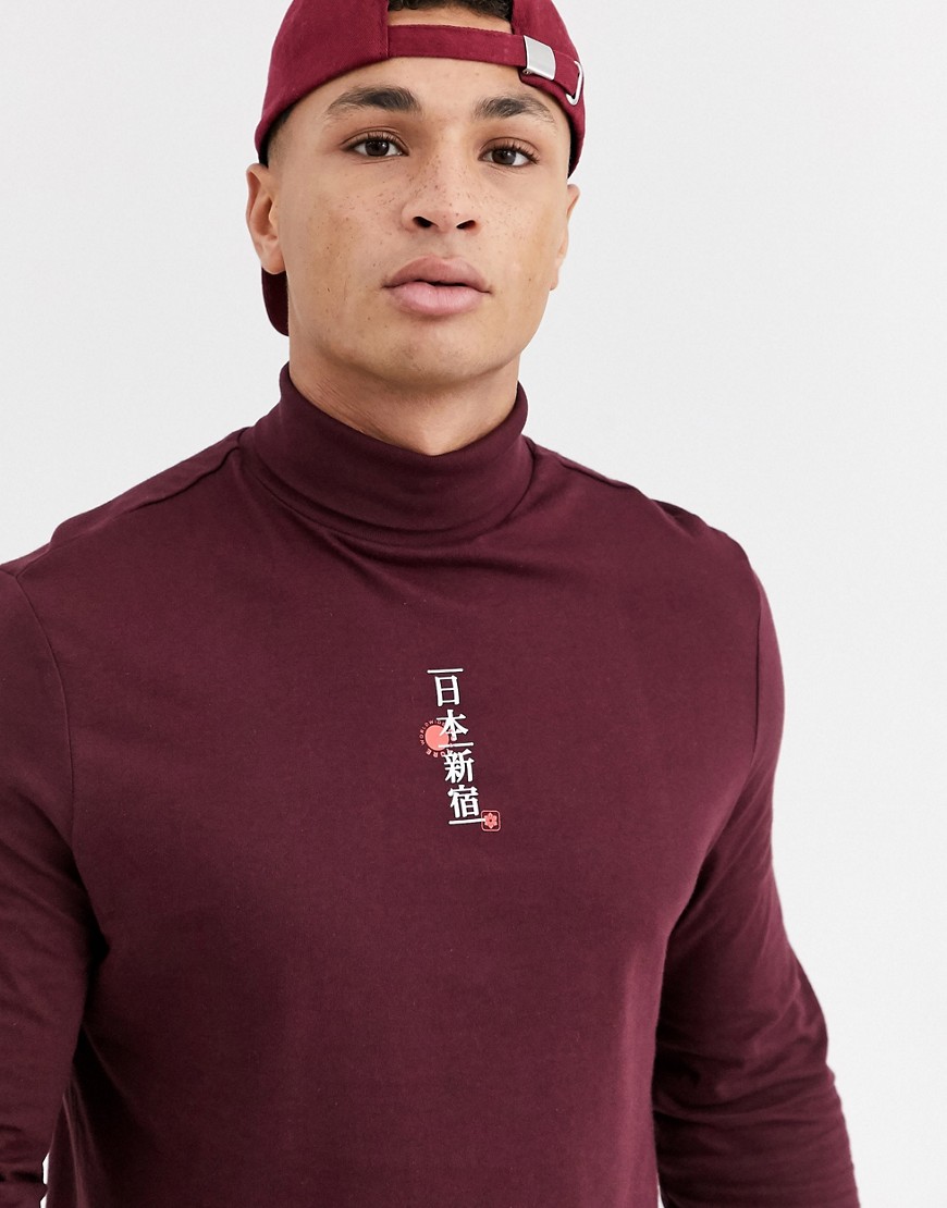 ASOS DESIGN organic cotton long sleeve t-shirt with Japanese text chest print and roll neck-Purple