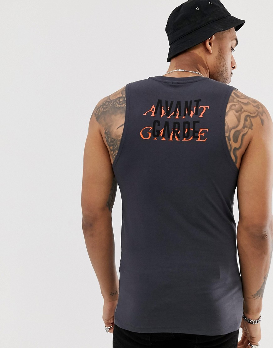 ASOS DESIGN organic cotton muscle vest tank with Avant Garde back print-Black