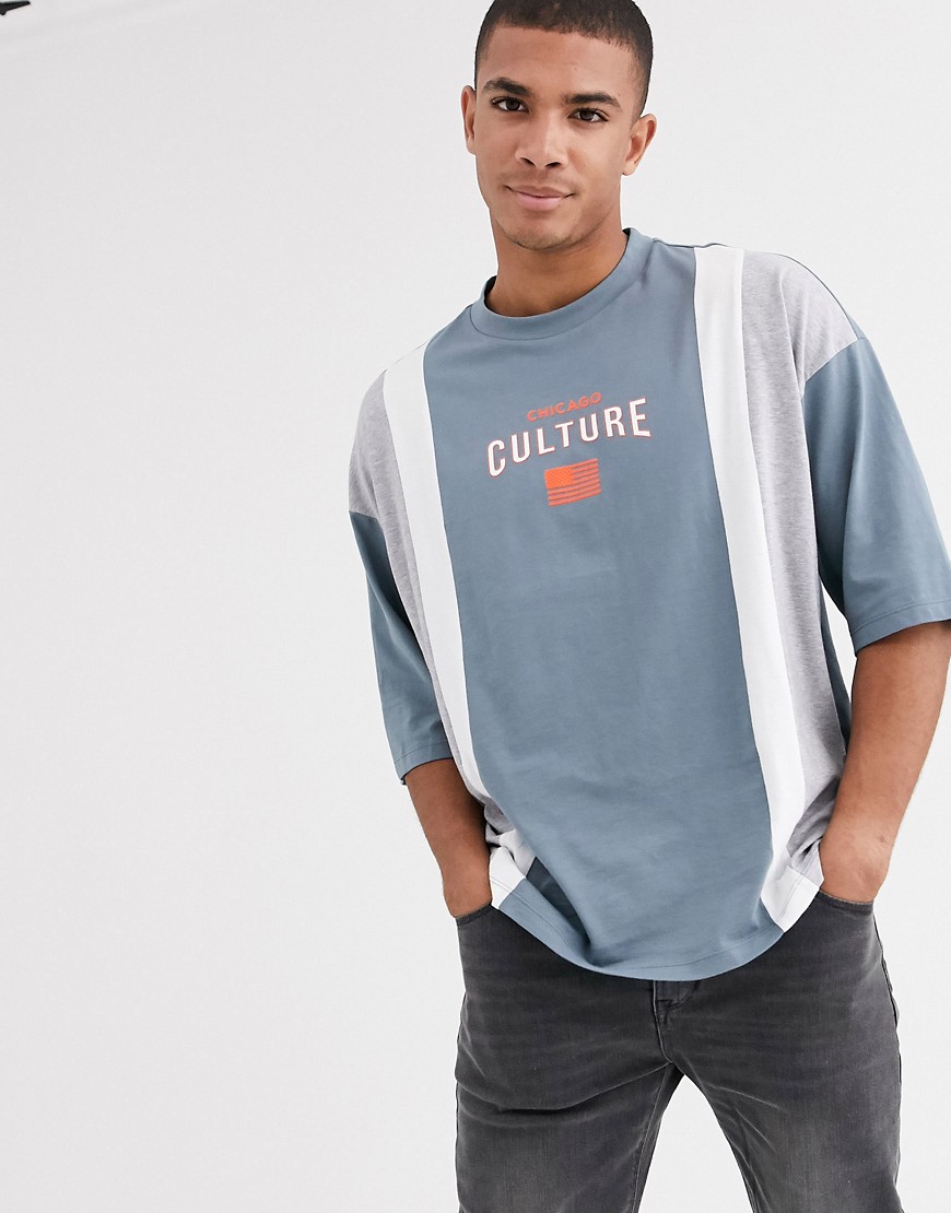 ASOS DESIGN organic cotton oversized colour block t-shirt with tipped neck and chest print-Grey