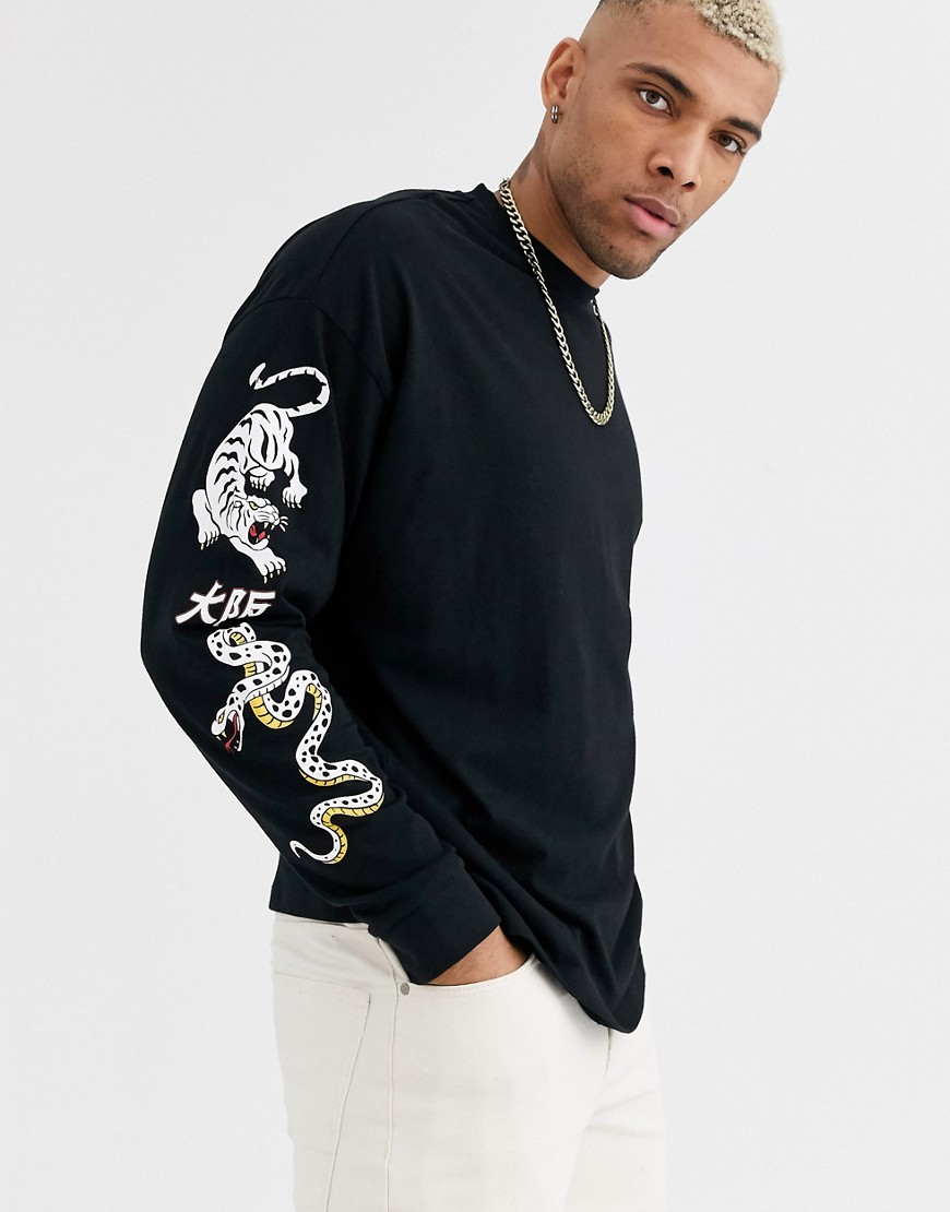 ASOS DESIGN organic cotton oversized long sleeve t-shirt with tiger and Japanese sleeve print-Black
