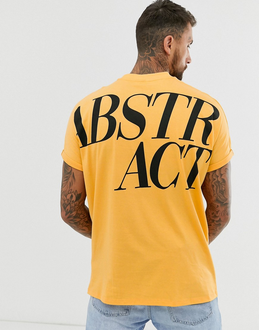 ASOS DESIGN organic cotton oversized longline t-shirt with large back text print and roll sleeve-Orange