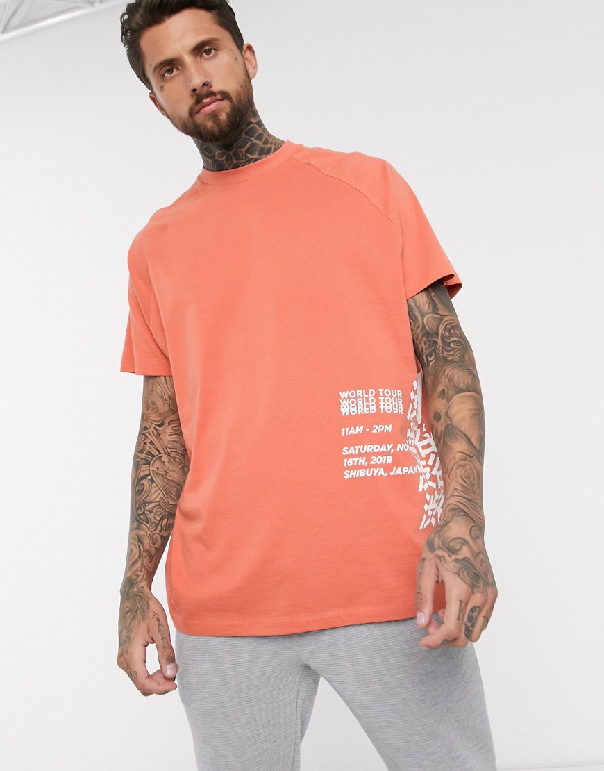 ASOS DESIGN organic cotton oversized longline t-shirt with raglan sleeve and text print-Orange