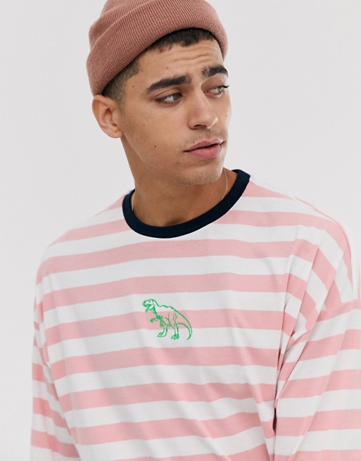 ASOS DESIGN organic cotton oversized stripe t-shirt with dinosaur embroidery