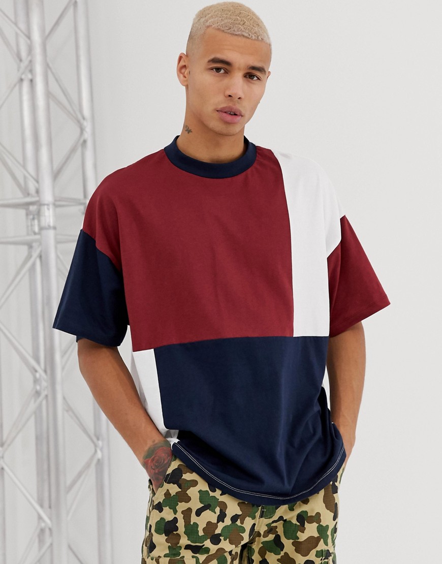 ASOS DESIGN organic cotton oversized t-shirt patchwork colour block in navy