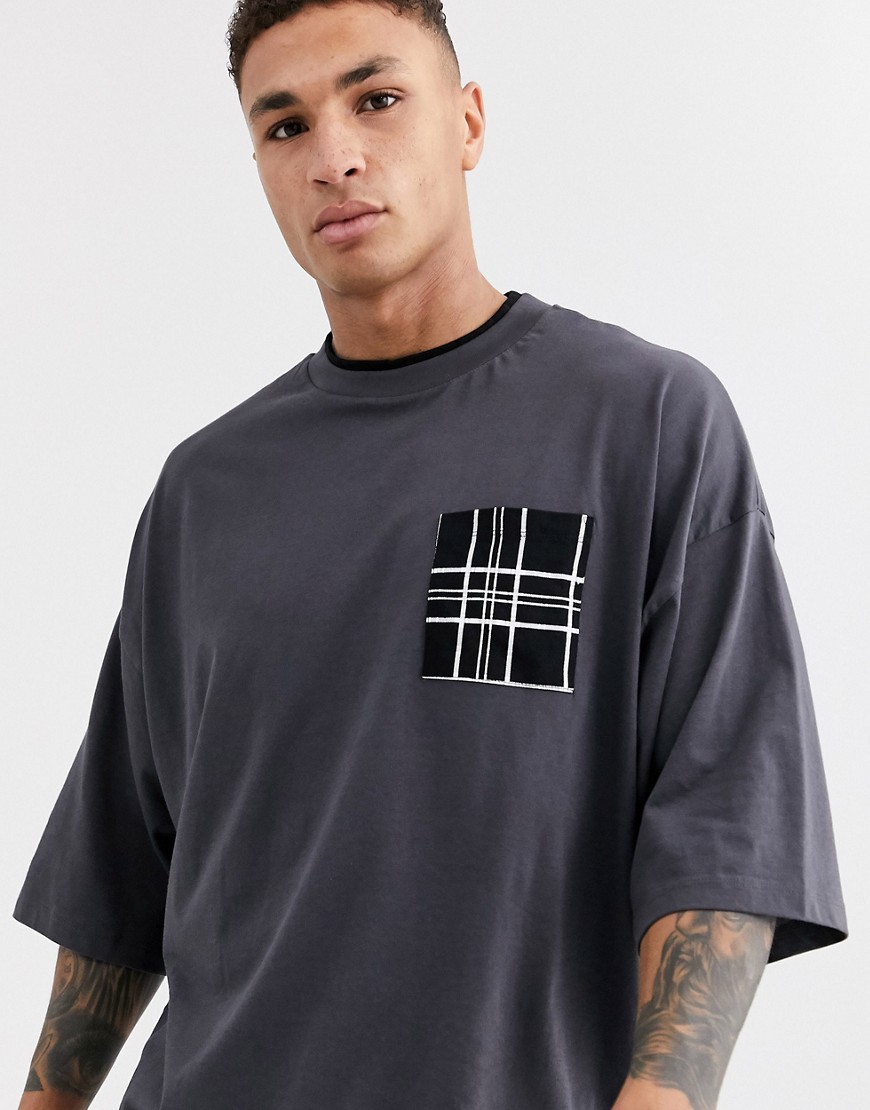 ASOS DESIGN organic cotton oversized t-shirt with double neck layer and large check pocket-Navy