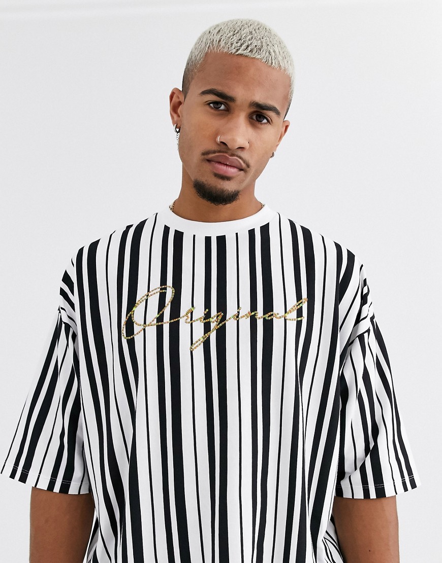 ASOS DESIGN organic cotton oversized vertical stripe t-shirt with small chest embroidery-White