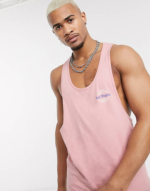 ASOS DESIGN organic cotton racer back vest in pink with chest print