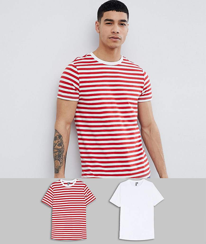 ASOS DESIGN organic cotton red stripe/plain white t-shirt 2 pack SAVE-Multi