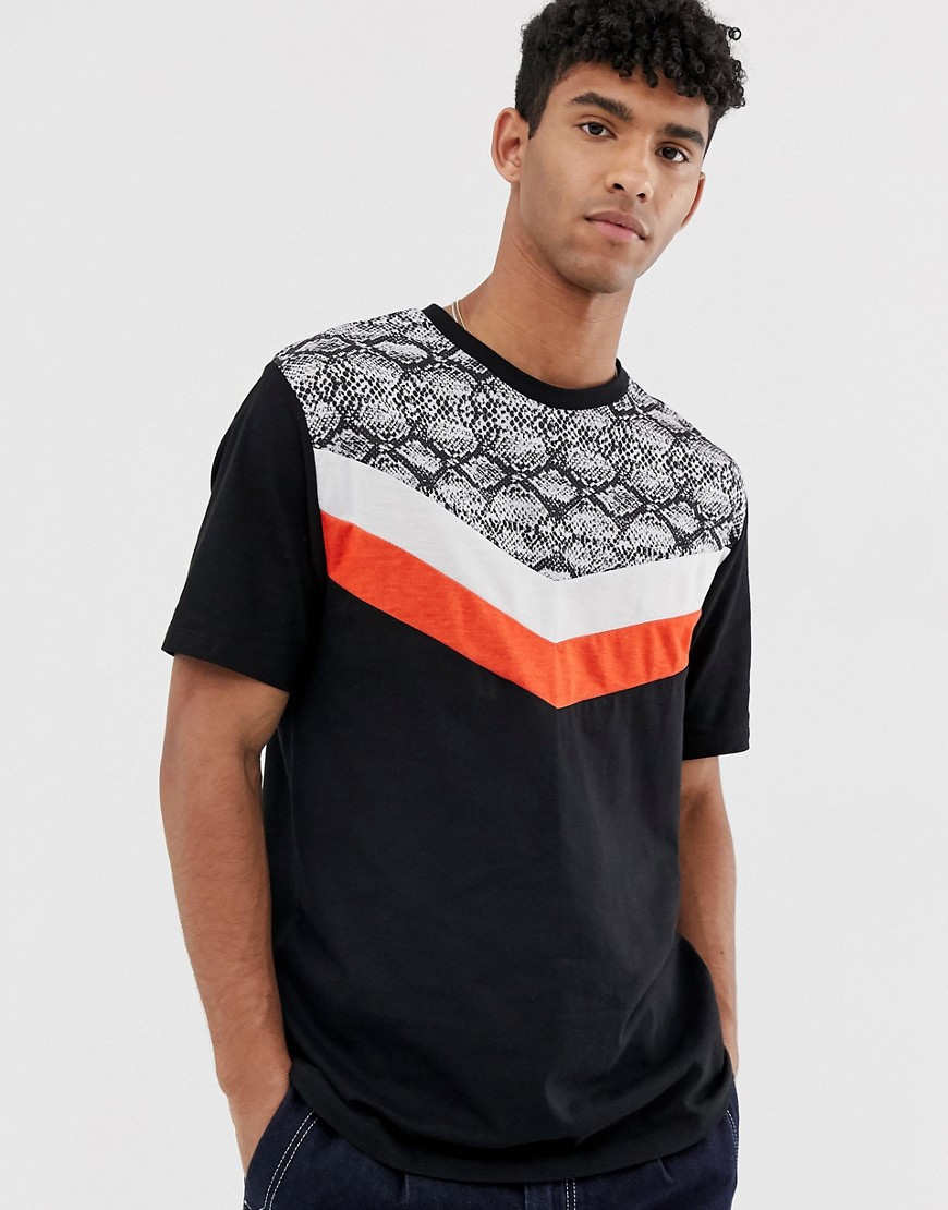 ASOS DESIGN organic cotton relaxed t-shirt with snake print and panel detail-Black