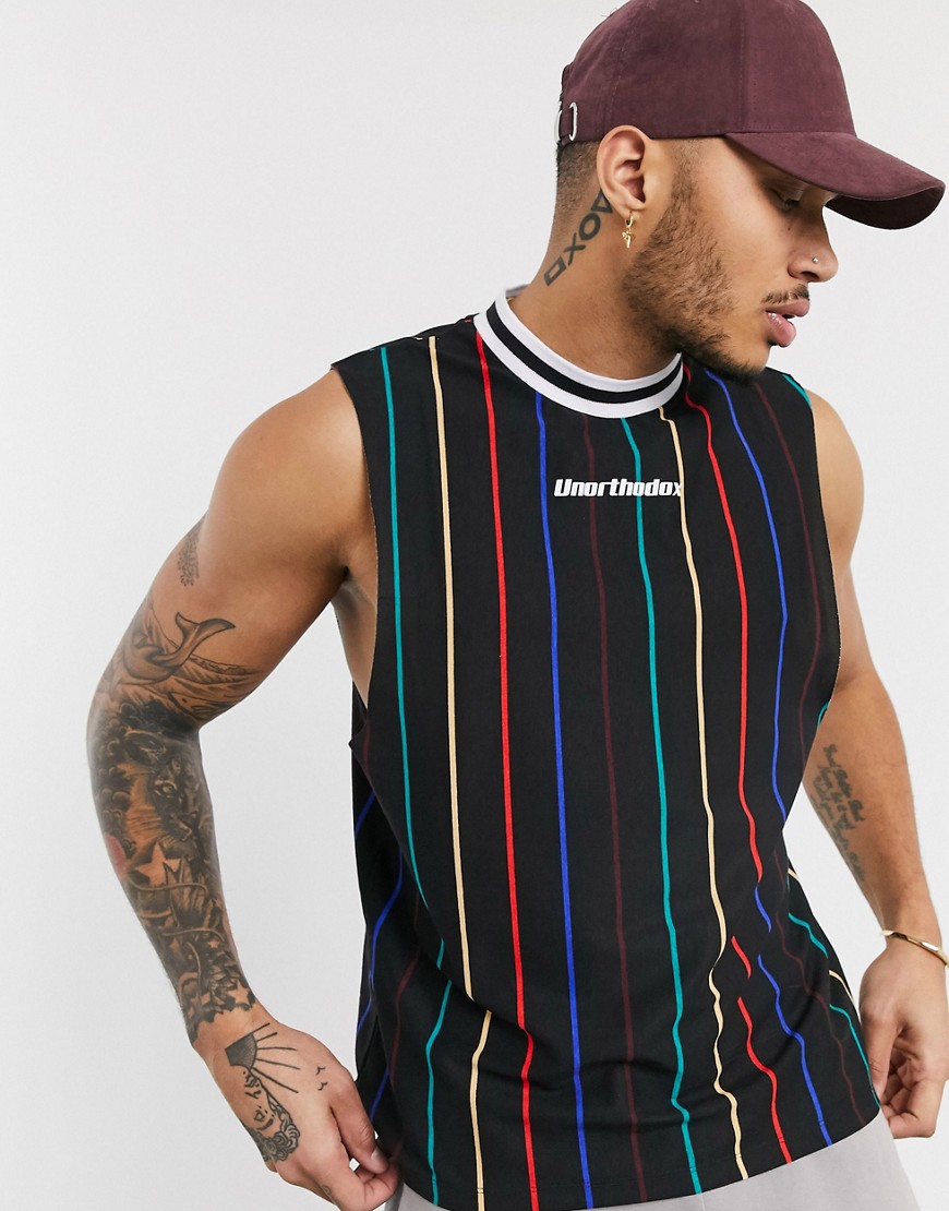 ASOS DESIGN organic cotton relaxed vertical stripe sleeveless t-shirt with text print-Black