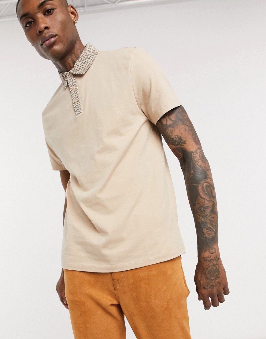 ASOS DESIGN organic cotton skinny polo with printed woven collar-Beige