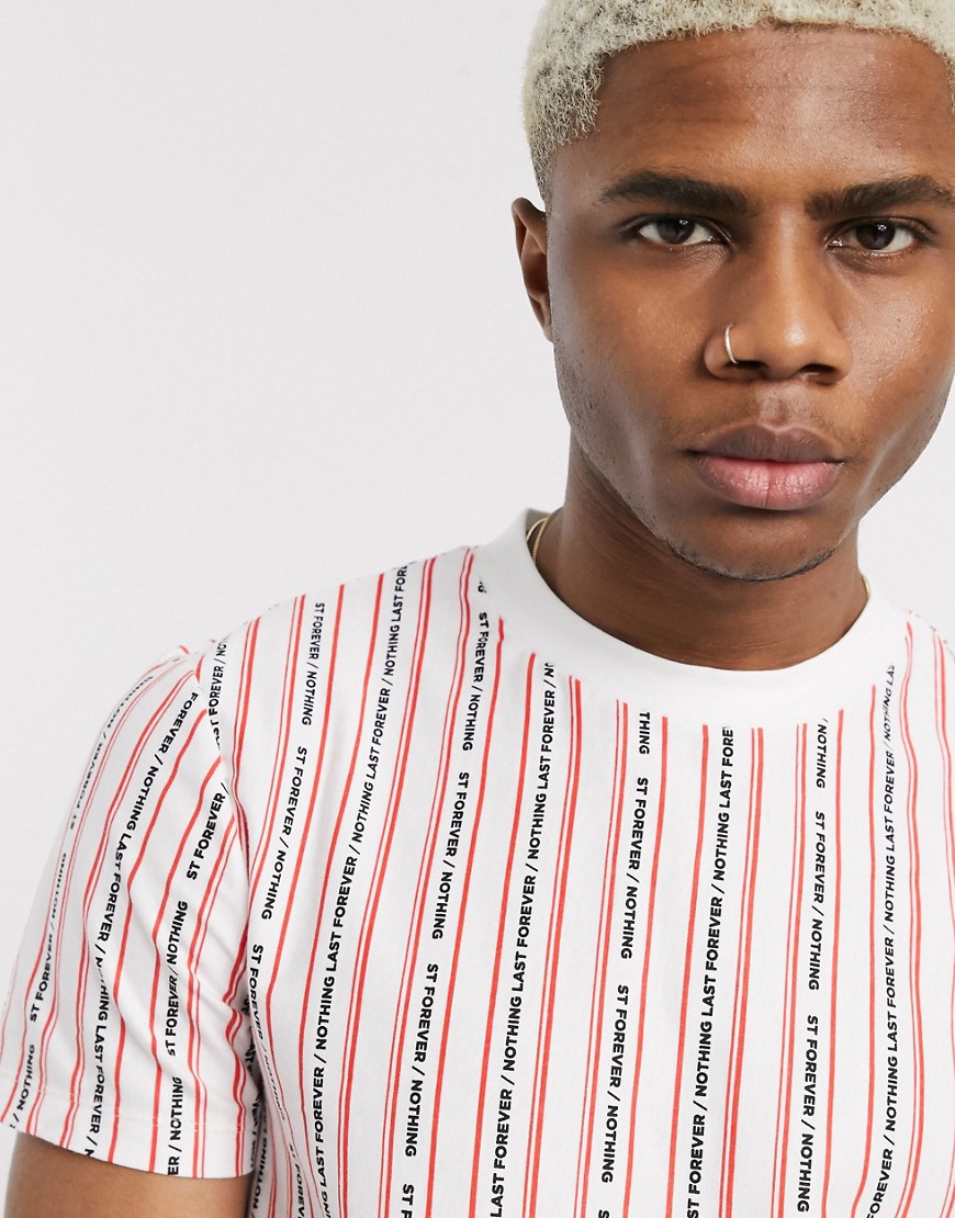 ASOS DESIGN organic cotton skinny stripe and text print t-shirt-White