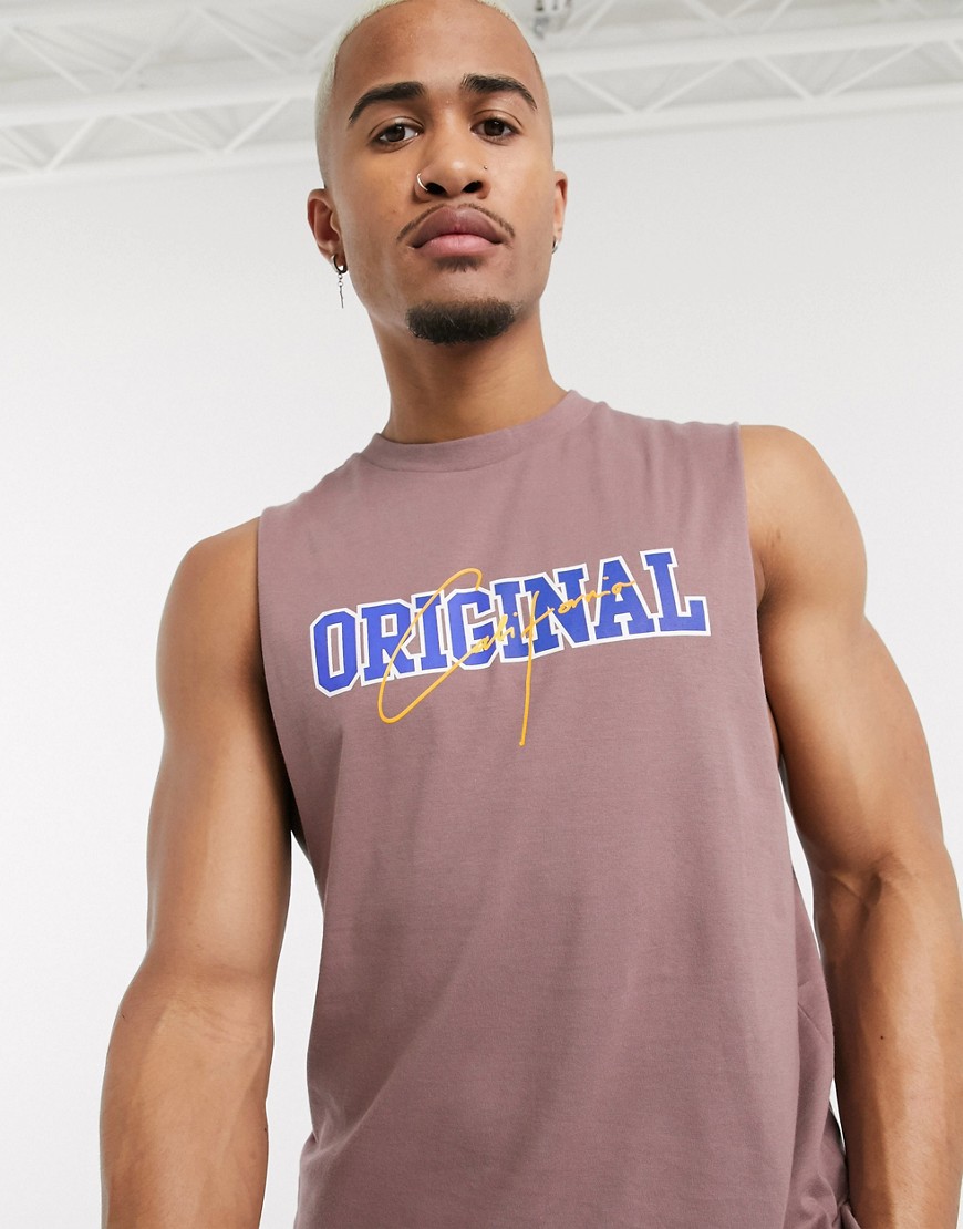 ASOS DESIGN organic cotton sleeveless t-shirt with dropped armhole and chest print-Purple