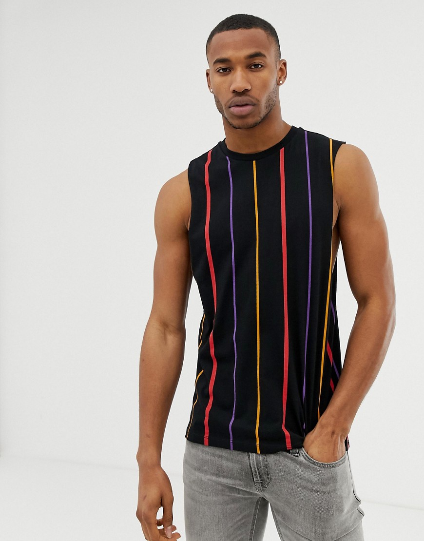 ASOS DESIGN organic cotton sleeveless t-shirt with dropped armhole in vertical stripe-Black
