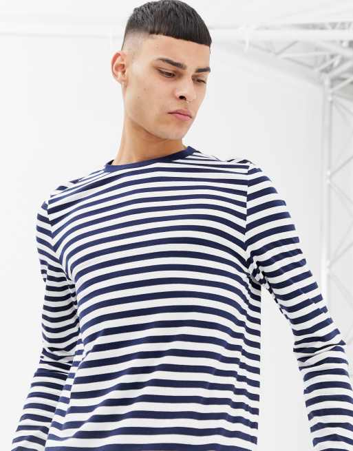 ASOS DESIGN organic cotton stripe long sleeve t-shirt in navy and white ...