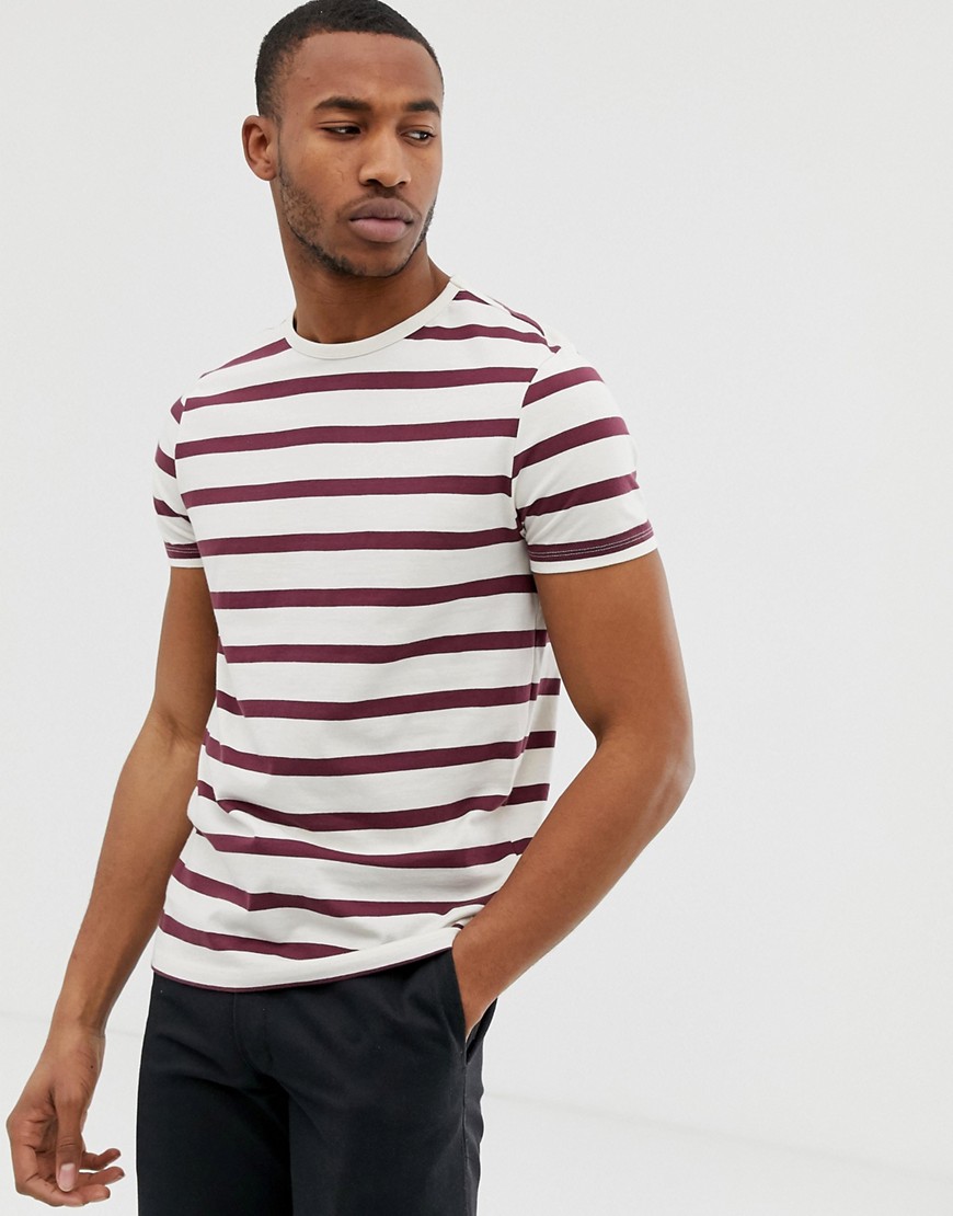 ASOS DESIGN organic cotton stripe t-shirt in off white and burgundy-Multi