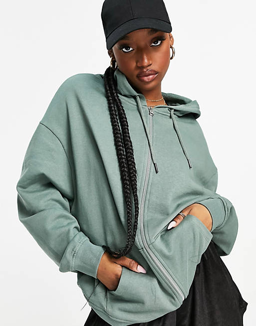 ASOS DESIGN cotton super oversized zip through hoodie in olive green co-ord - MGREEN