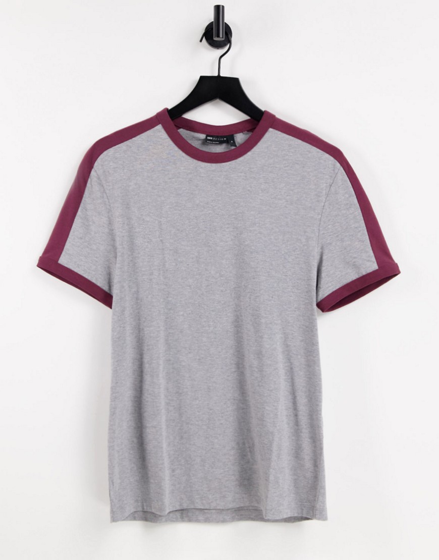 ASOS DESIGN organic cotton T-shirt in gray heather & burgundy with contrast shoulder panel-Grey