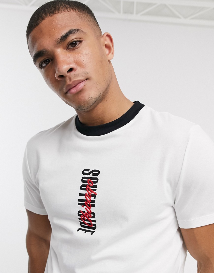 ASOS DESIGN organic cotton t-shirt with city embroidery and contrast neck-White