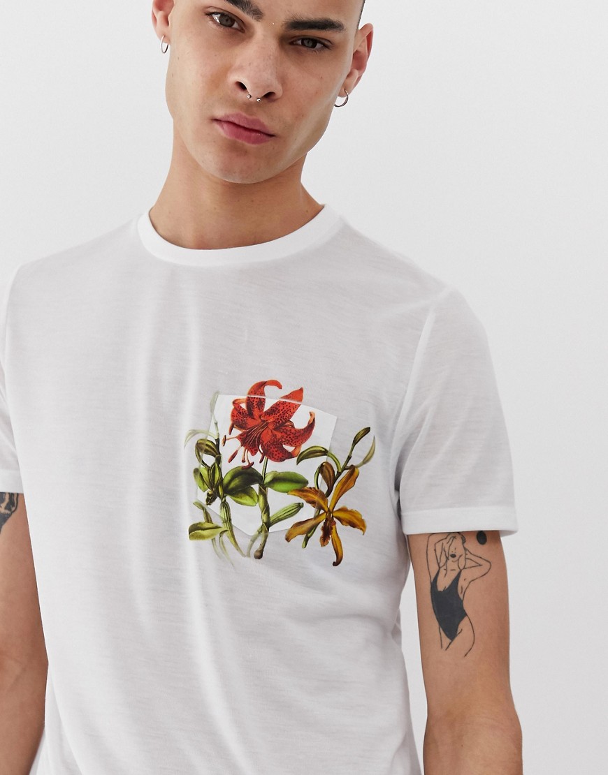ASOS DESIGN organic cotton t-shirt with floral printed pocket-White