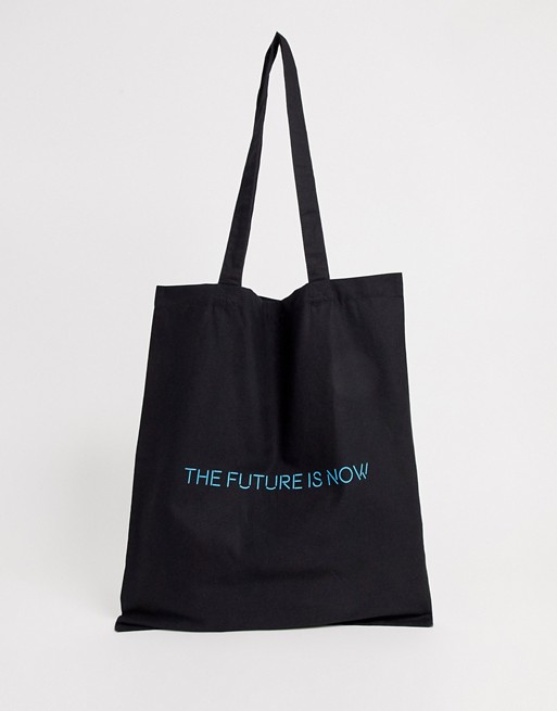 ASOS DESIGN organic cotton tote bag in black with 'the future is now' neon print