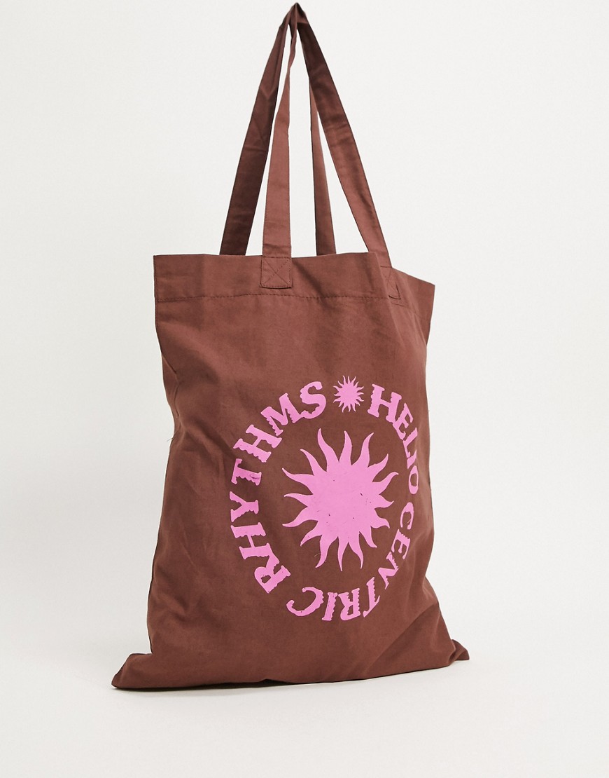 Asos Design Organic Cotton Tote Bag In Brown With Pink Print