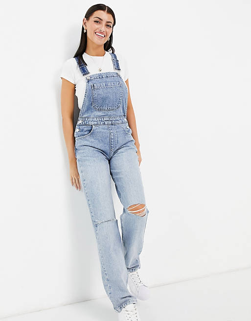 ASOS DESIGN cotton blend denim '90's' straight leg dungarees in midwash with rips - LILAC