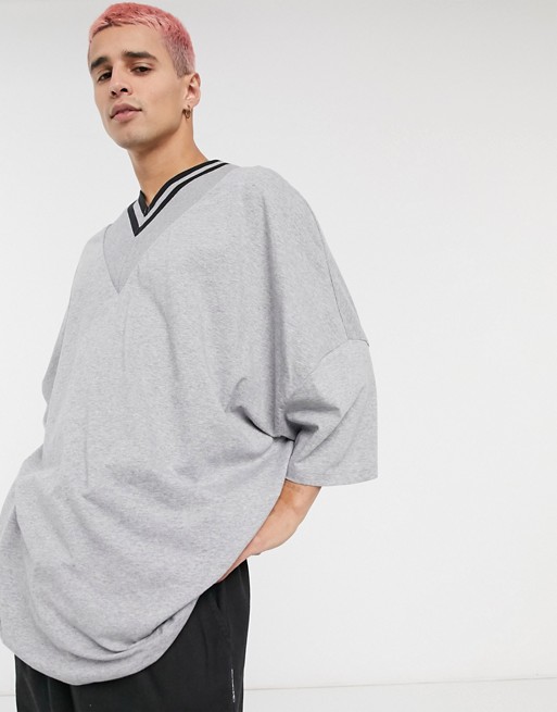 ASOS DESIGN organic extreme oversized super longline t-shirt with deep v tipped neck in grey marl