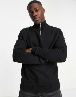 Asos Design Muscle Half Zip Sweatshirt In Black - Black In Black