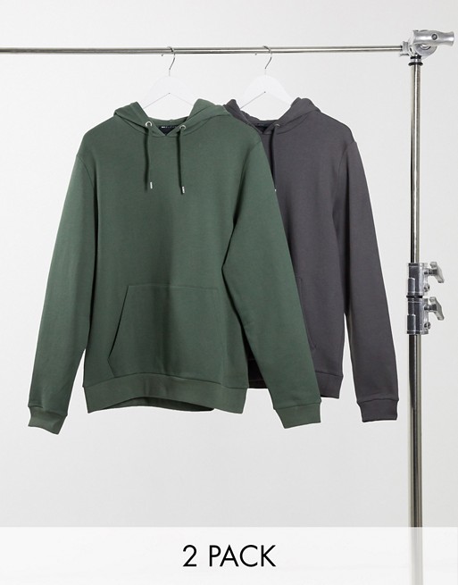 ASOS DESIGN organic hoodie 2 pack in green/washed black