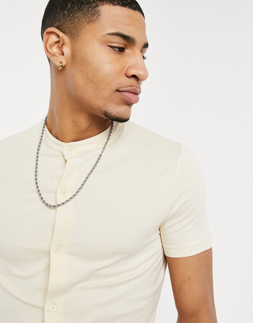 ASOS DESIGN organic jersey shirt with grandad collar in beige-Neutral