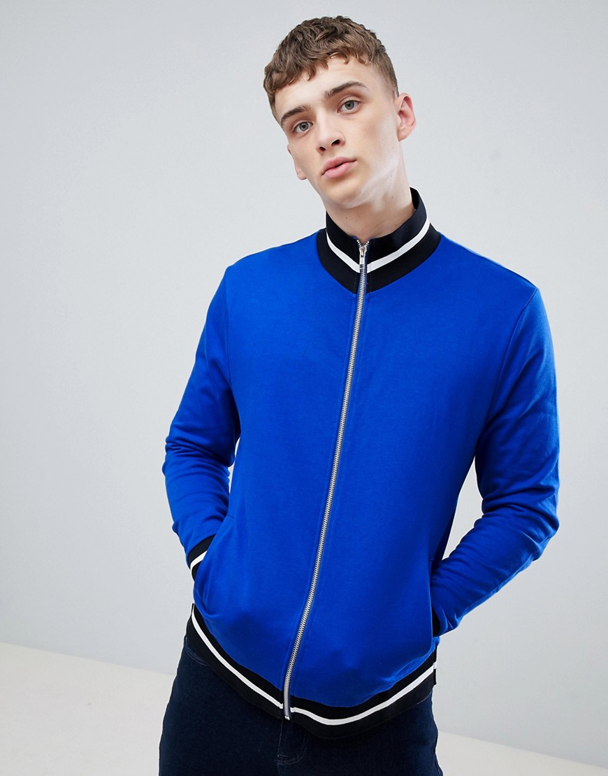 ASOS DESIGN organic jersey track jacket in bright blue with contrast tipping