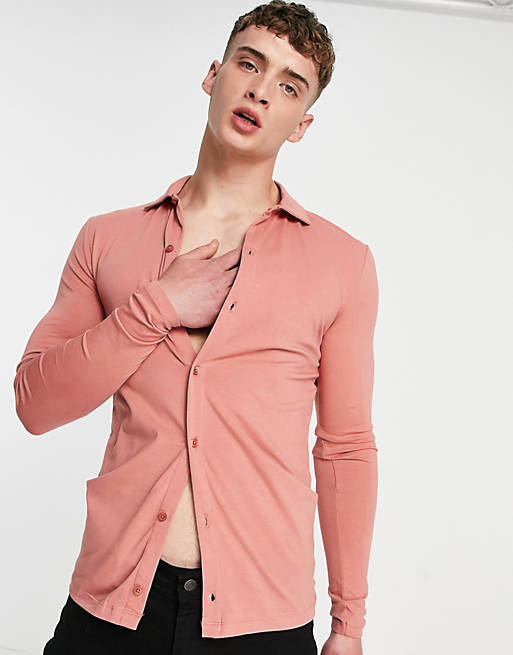 ASOS DESIGN long sleeve button through jersey shirt in washed pink - PINK