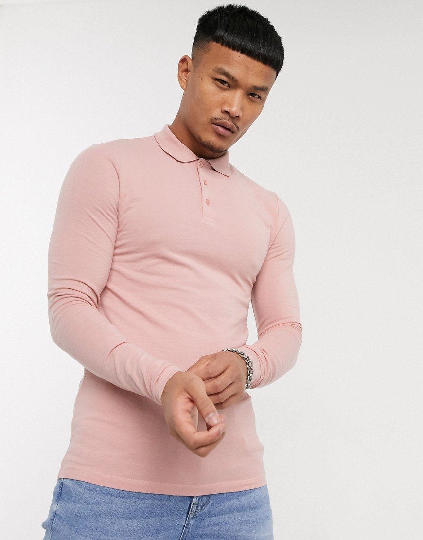 ASOS DESIGN organic long sleeve muscle fit jersey polo in pink