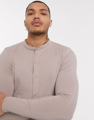 Asos Design Organic Blend Cotton Long Sleeve Muscle Fit Jersey Shirt With Grandad Collar In Beige-neutral