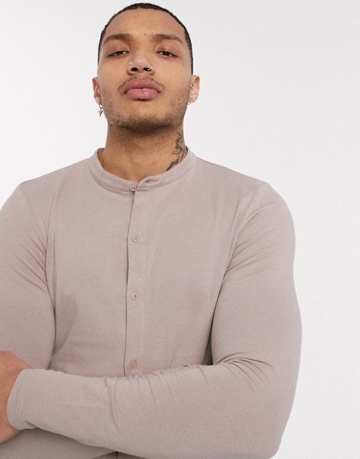 ASOS DESIGN organic long sleeve muscle fit jersey shirt with grandad collar in beige