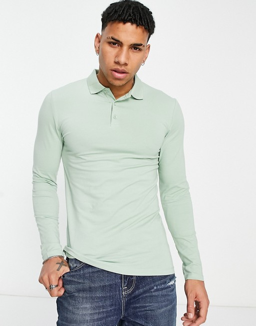 ASOS DESIGN long sleeve muscle fit polo in green - MGREEN