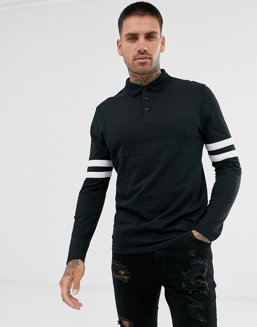 ASOS DESIGN organic long sleeve polo shirt with contrast sleeve stripe in black