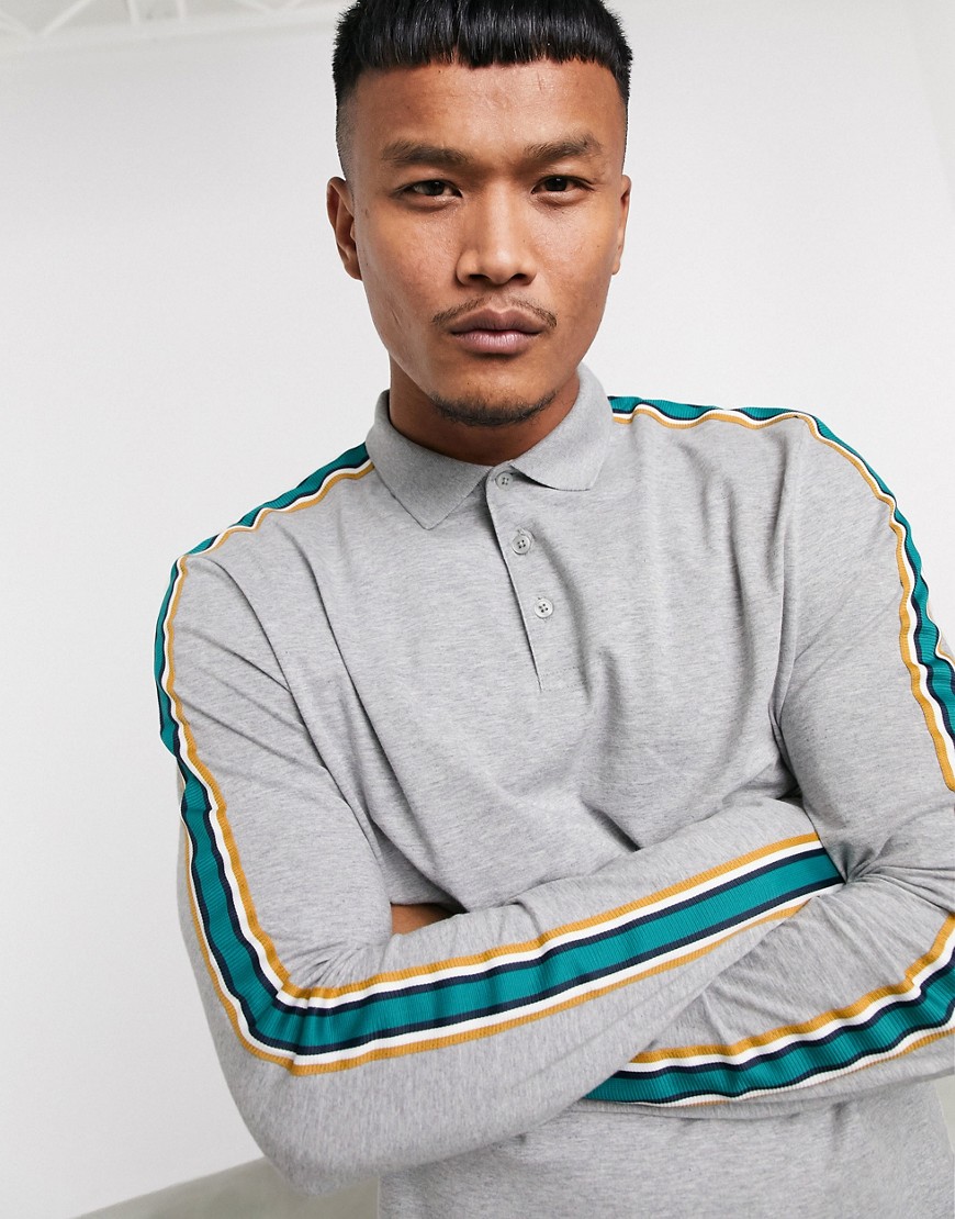 ASOS DESIGN organic long sleeve polo shirt with contrast taping in grey marl