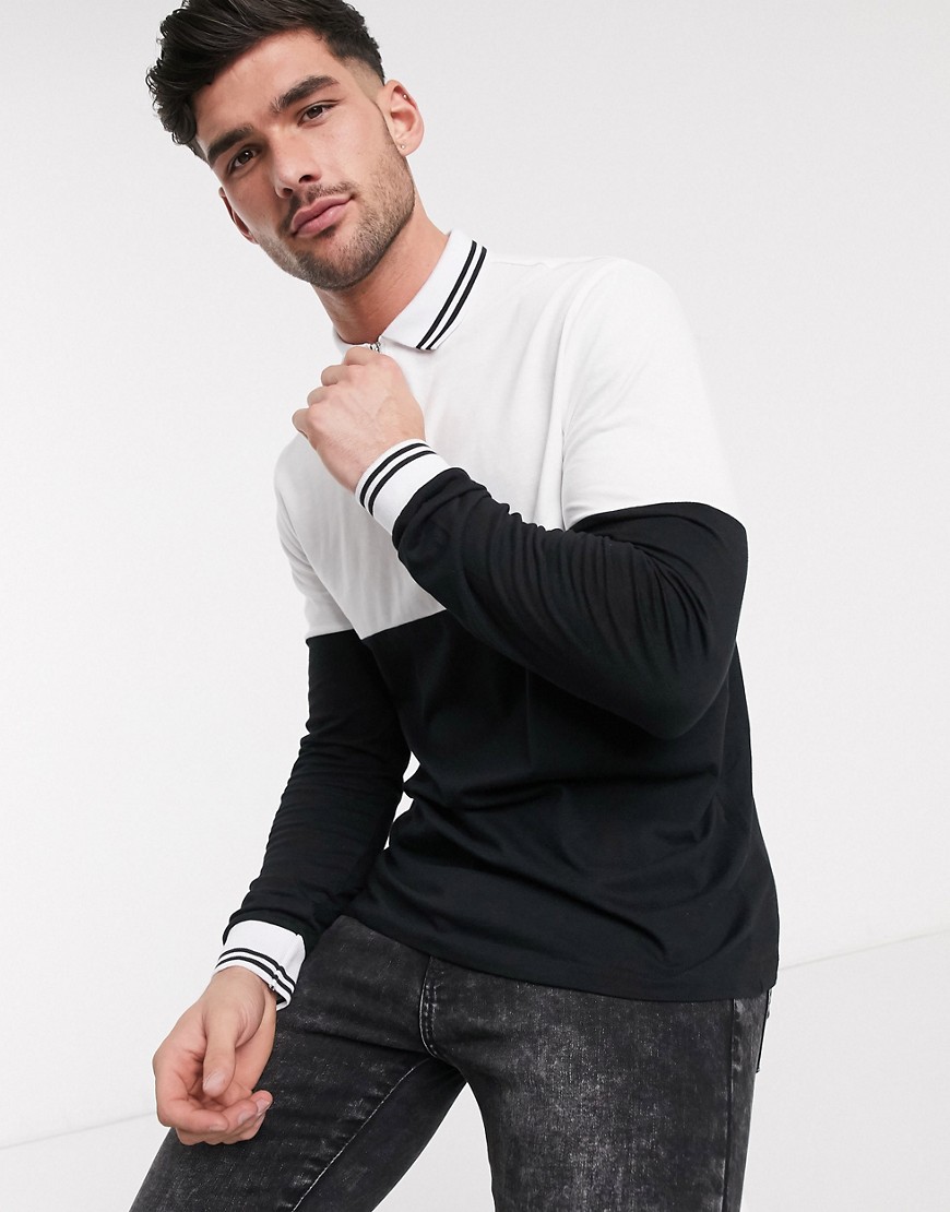 ASOS DESIGN organic long sleeve polo shirt with zip neck and tipping with contrast yoke in black