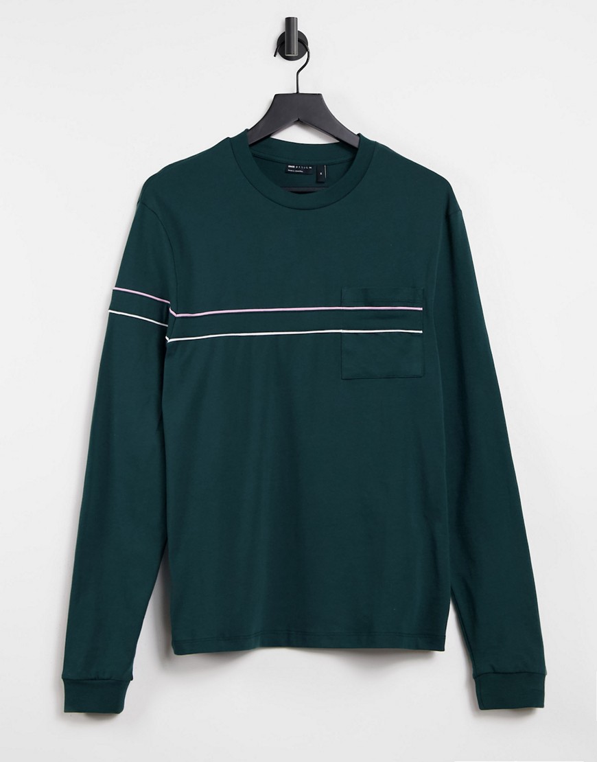 ASOS DESIGN organic long sleeve t-shirt in green with pocket and contrast piping