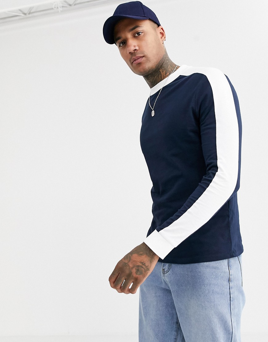 ASOS DESIGN organic long sleeve t-shirt with contrast shoulder panel in navy