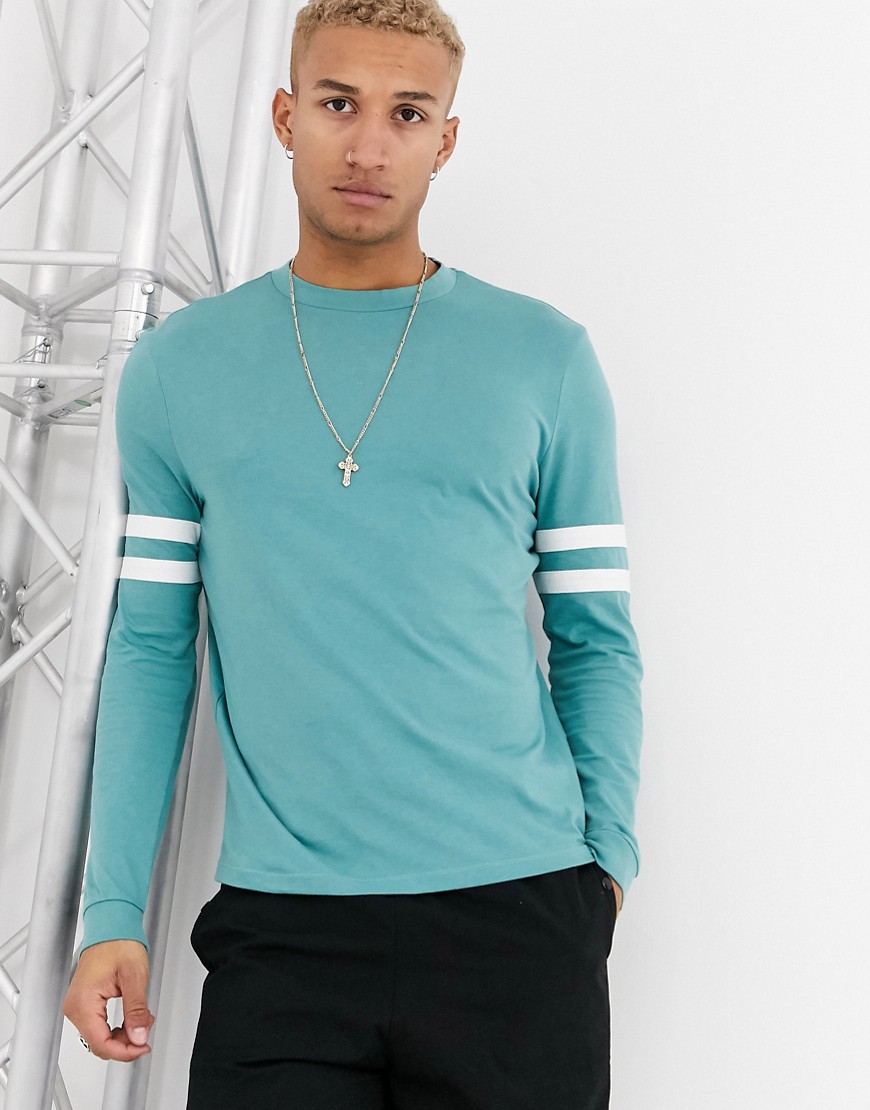 ASOS DESIGN organic long sleeve t-shirt with contrast sleeve stripes-Blue
