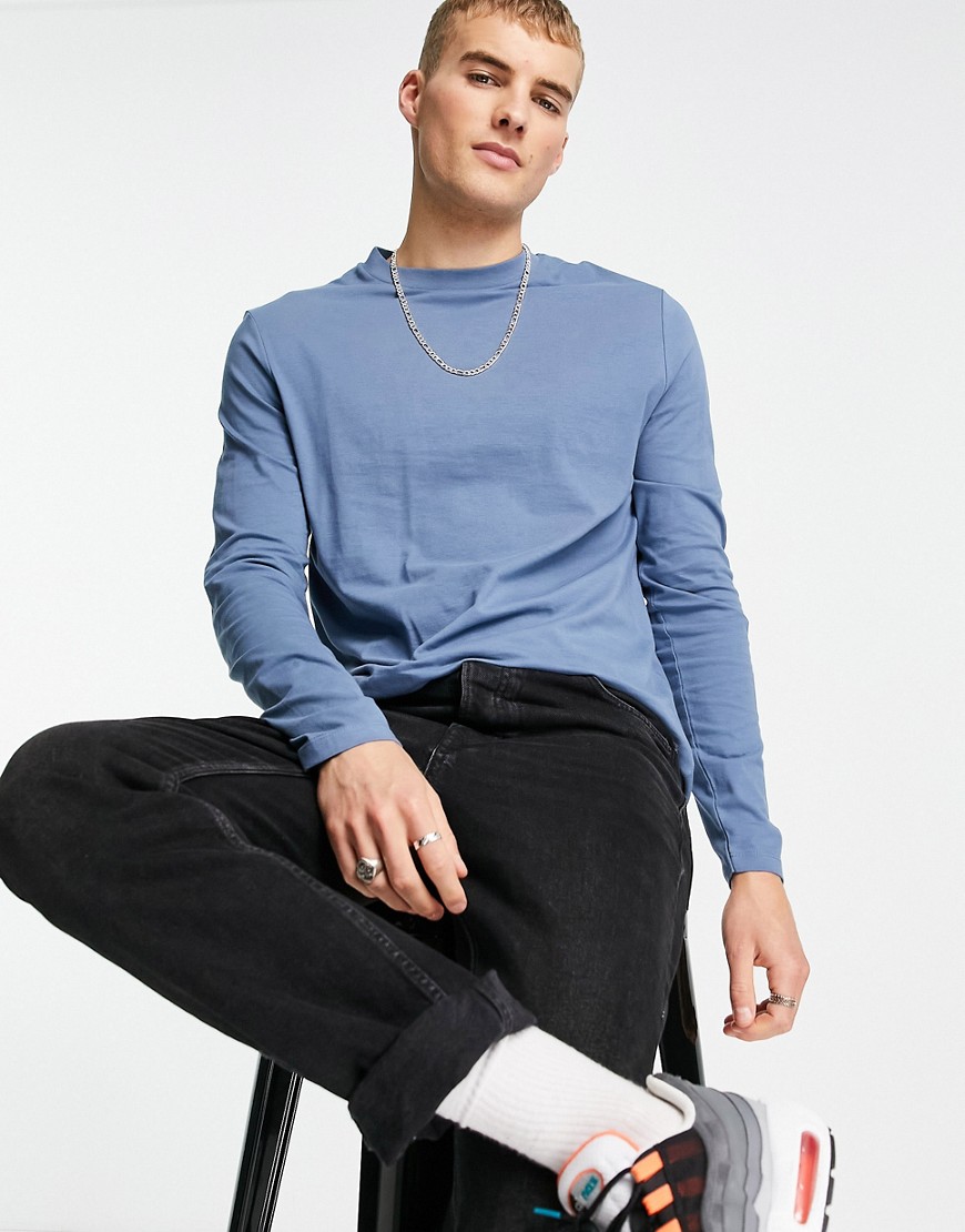 ASOS DESIGN organic long sleeve t-shirt with crew neck in washed blue-Blues
